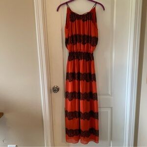 orange with black lace design maxi dress